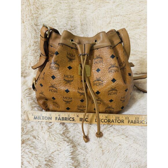 MCM Leather Drawstring Bucket Bag - Visetos Cognac - Picture 9 of 14